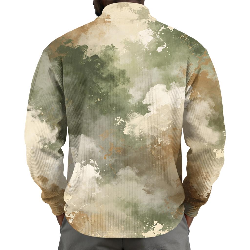Men's Retro Corduroy Long Sleeve Shirt with Stand Collar and Pocket, Printed Casual Top
