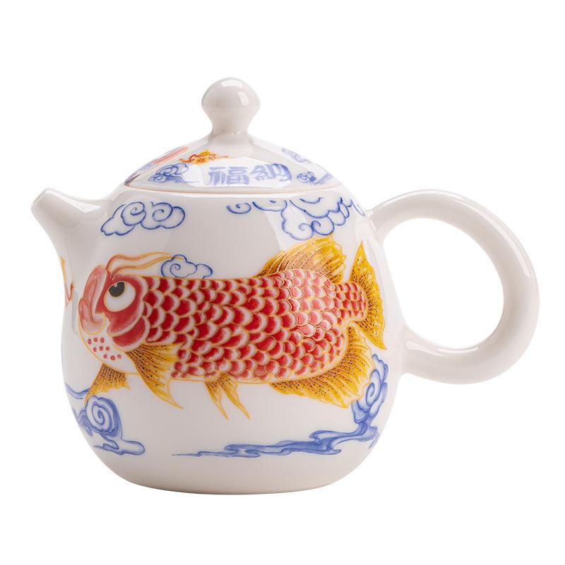 Suet Jade Full Color Arowana Ceramic Longdan Pot Kung Fu Tea Ceremony Tea Set High-end Home Office Tea Drinking Teapot