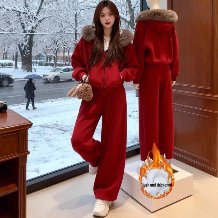 

Korean Winter Outfit: Age-Reducing Fur Collar Hoodie & Loose Wide-Leg Pants Set M 95-105 jin