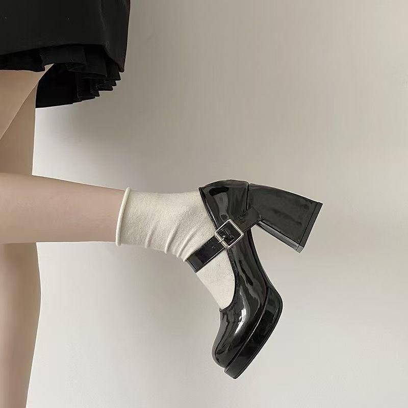 New Thick Heel Temperament High Heels Spring and Summer Black Light Mouth Women's Single Shoes One-word Buckle Mary Jane Shoes Tide