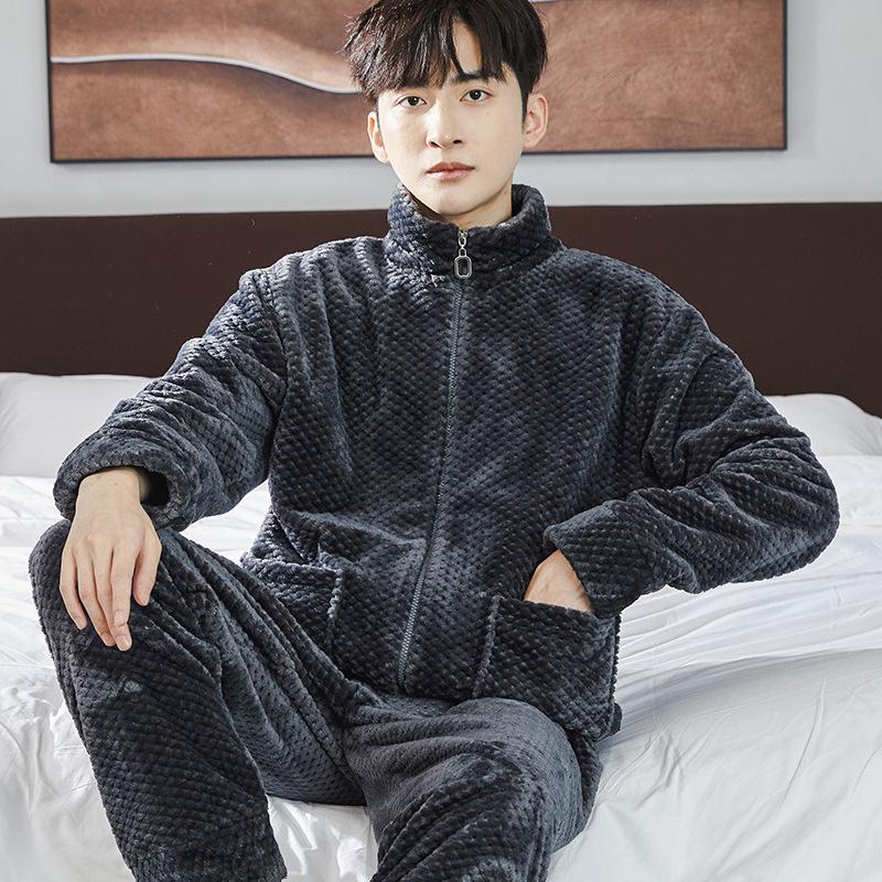 Men's Thick Coral Fleece Stand-Up Collar Zipper Pajamas - Warm Long Sleeve Homewear for Autumn & Winter