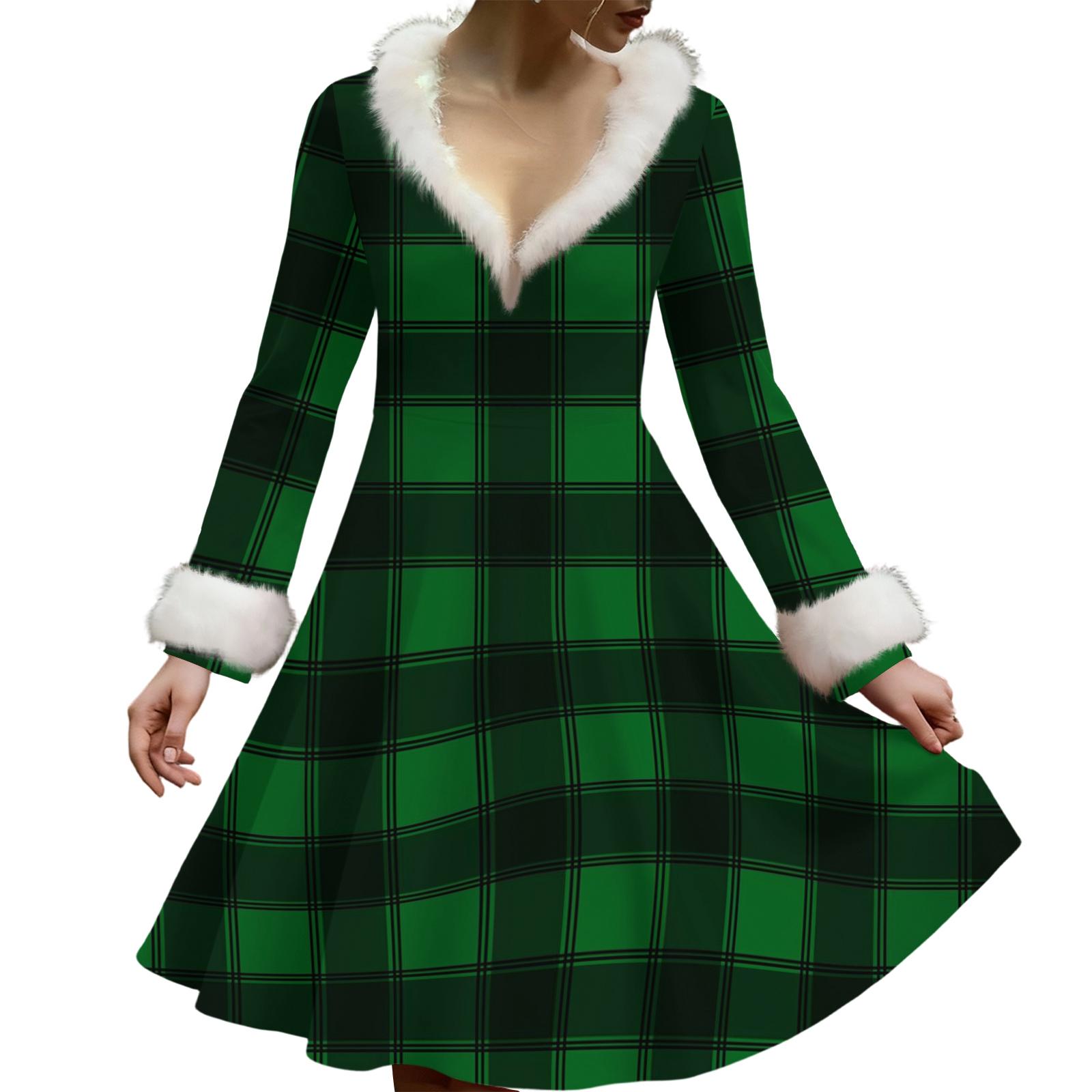 

Женское повседневное платье с V-образным вырезом, рождественским принтом, плюшевыми длинными рукавами M