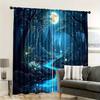 2PCS Digital Printed Curtains, Blue Magic Forest Stream Fireflies Moon, Enchanted Woodland Night Fairy Tale Window Decor