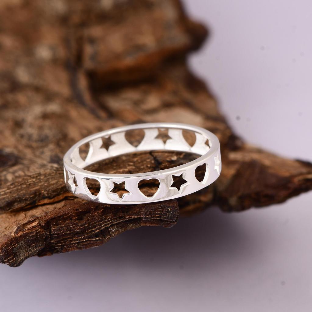 Heart Star Ring, Cutout Heart Star Band Ring, Minimalist Silver Band, Celestial Heart Ring, Dainty Everyday Ring, Gift for Her