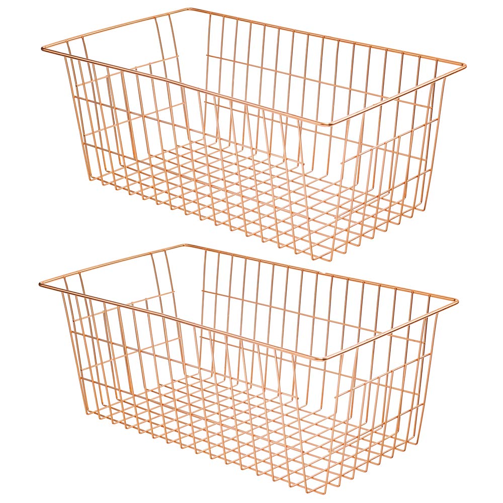

SANNO Wire Storage Basket, Household Storage Box, Small Item Storage Case, Refrigerator Compatible, with Handle, Rose Gold, Set of 2