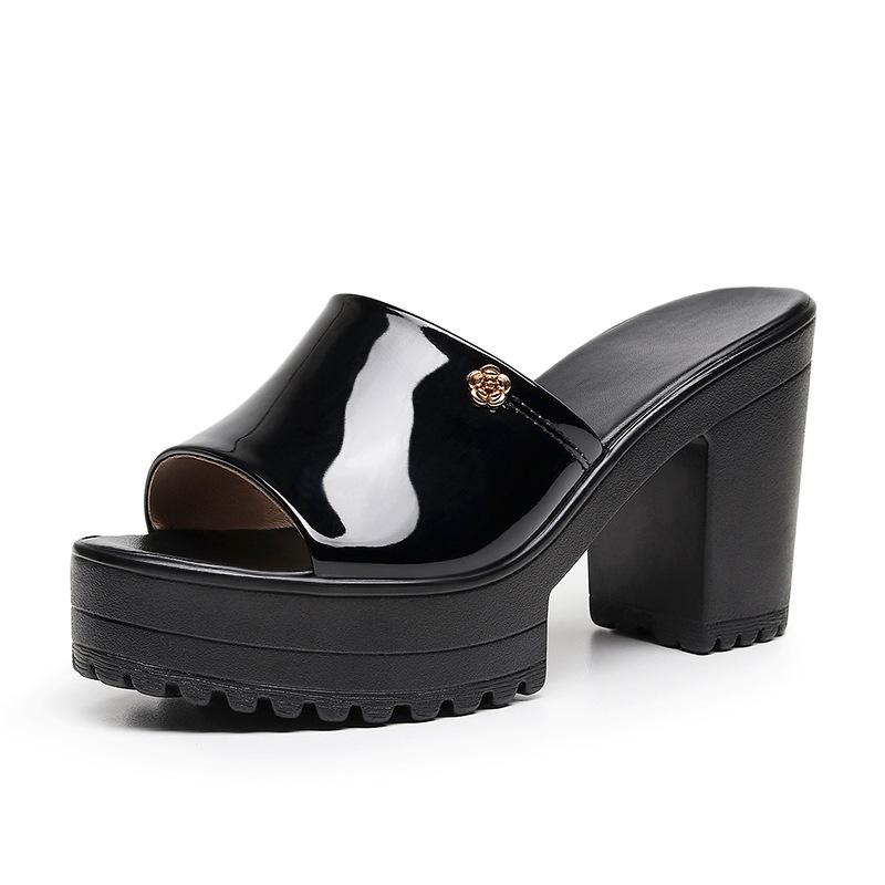 

10cm Small Size 32-43 Elegant Bright Leather Slippers THick Platform Shoes 2025 Summer Block High Heels Slides Office Model 43 чорний