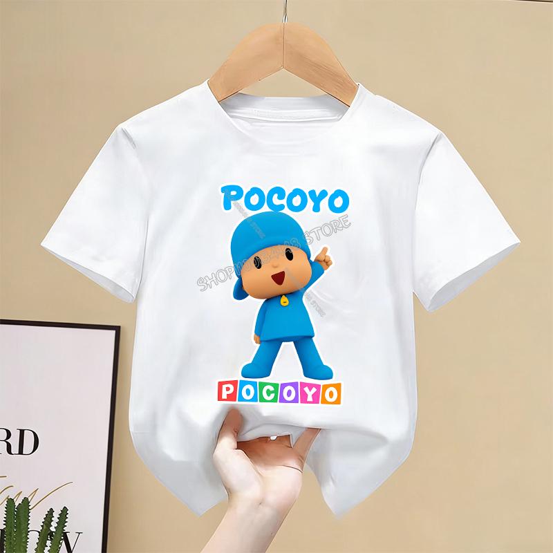 Pocoyos T-shirt Children Kawaii Cartoon Tee Top White Round Collar Clothing New Boys Girls Summer Short Sleeve Kids Clothes Gift
