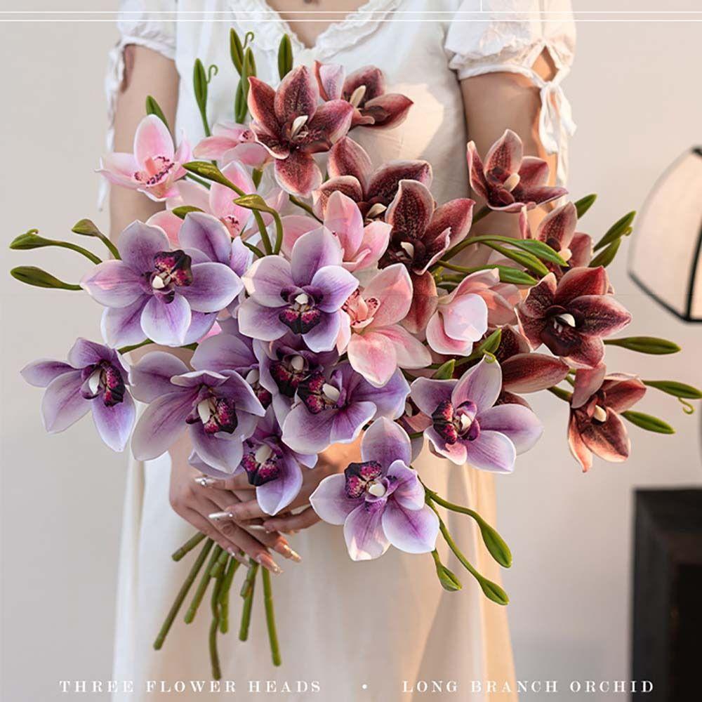 Silk Material Faux Flower 3 Heads Design Artificial Flower Stem Simulated Orchid  Tea Room Decor