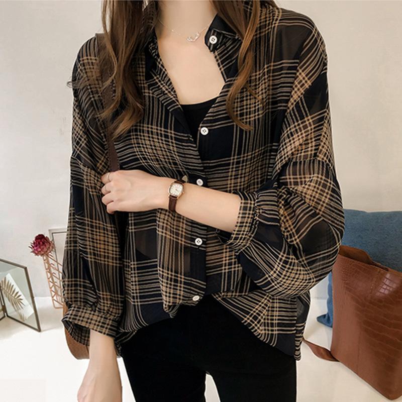 Women's Early Fall Plaid Shirt Lapel Long Sleeve Thin Jacket