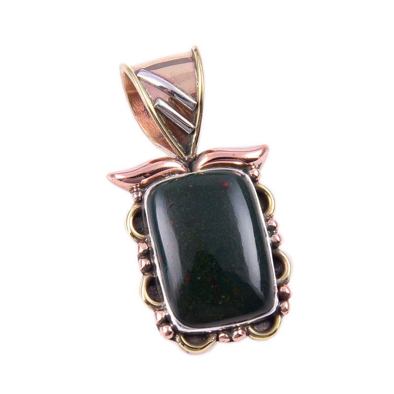 Natural Bloodstone Gemstone 925 Solid Sterling Silver TwoTone Pendant 1.25" A3l25