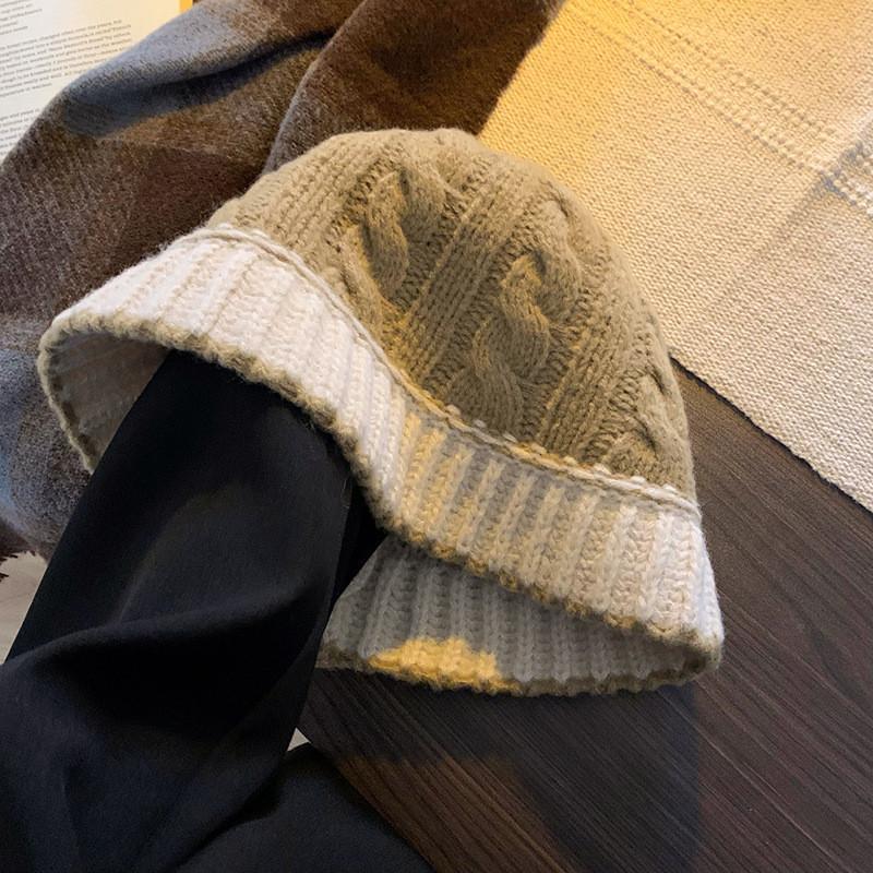 Black Knitted Fisherman Hat Women's Winter Korean Style Fashionable Wide Brim Cap