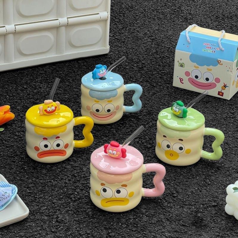 Funny Clown Mug High looking Ceramic Cup with Lid Spoon Couple Drinking Water Cup for Girls Birthday Gift Retro