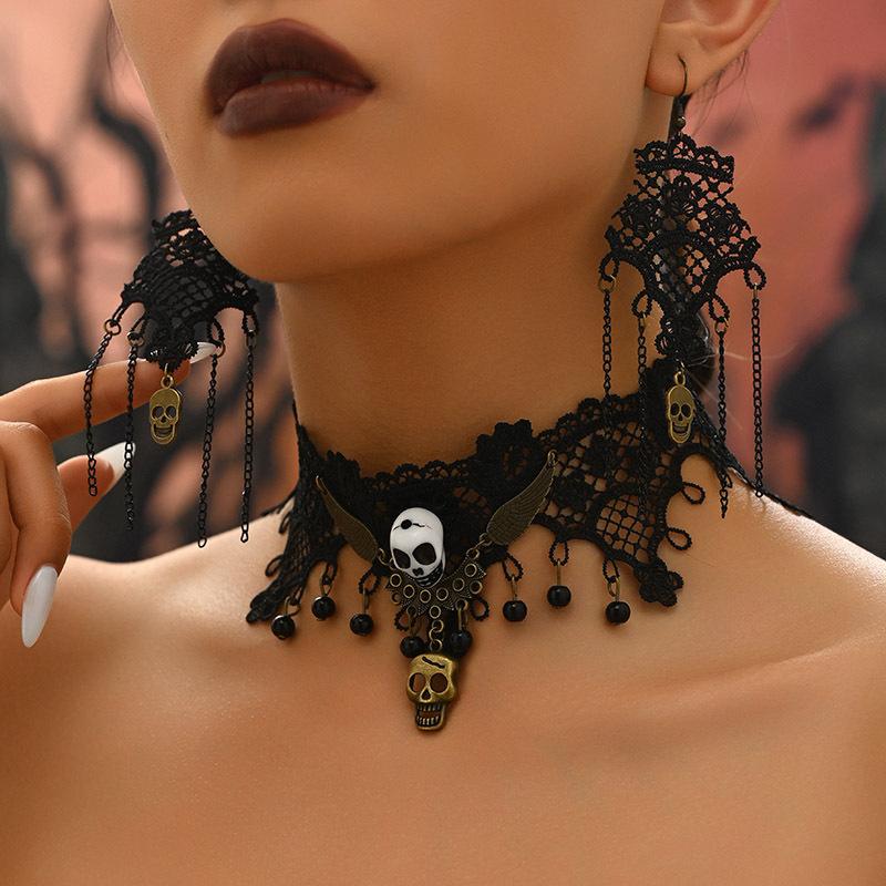 Lace Spider Web Design Necklace Earrings Set Retro Gothic Style Black Lace Choker Necklace Halloween Jewelry