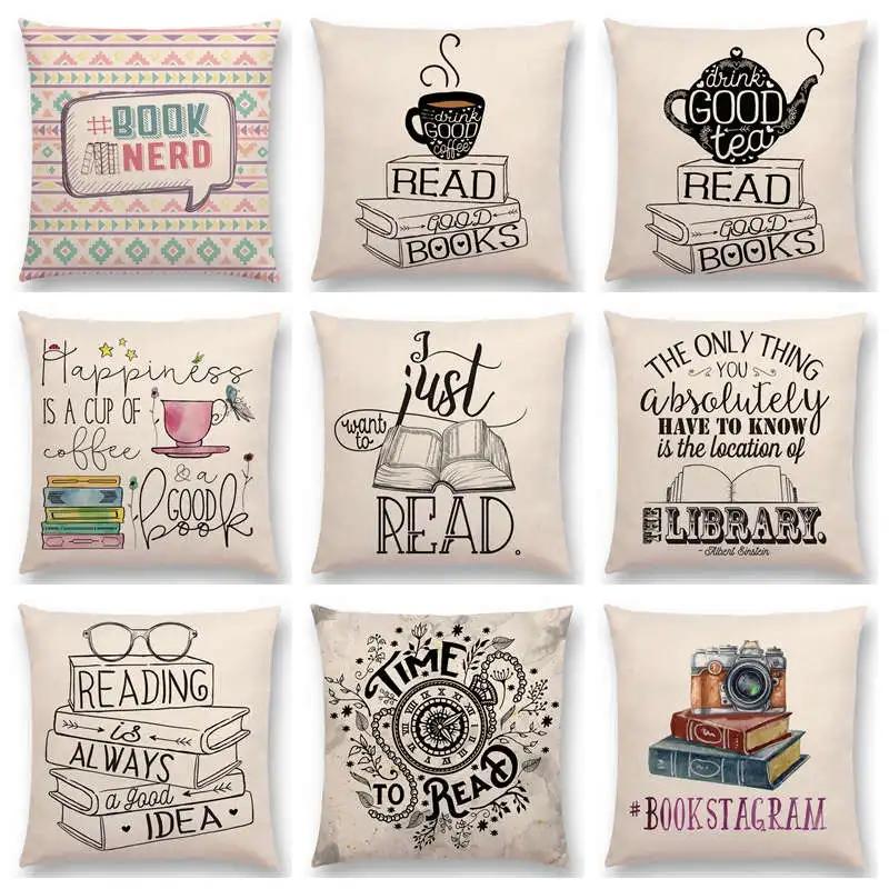 Tea Reading Books Pillow Case Home Decor Linen/cotton Cushion Cover Designer Pillow Cover for Sofa Bedroom Housse De Coussin