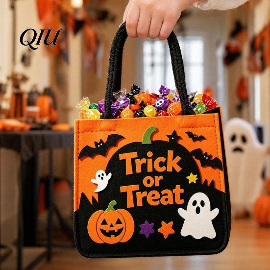 Non-woven Felt Tote Halloween Trick or Treat Bag, Goodie Bag with Pumpkin Ghost Patches, Child-friendly Large Candy for Kids, Party Favor,