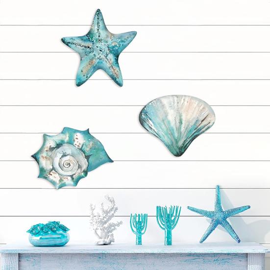 Yousheng 3 Pezzi Legno Rustico Arte da Parete Spiaggia Oceano Costiero Nautico Conchiglia Stella Marina Divano Decorazione da Parete per Soggiorno Camera da Letto Arredo Casa sul Lago