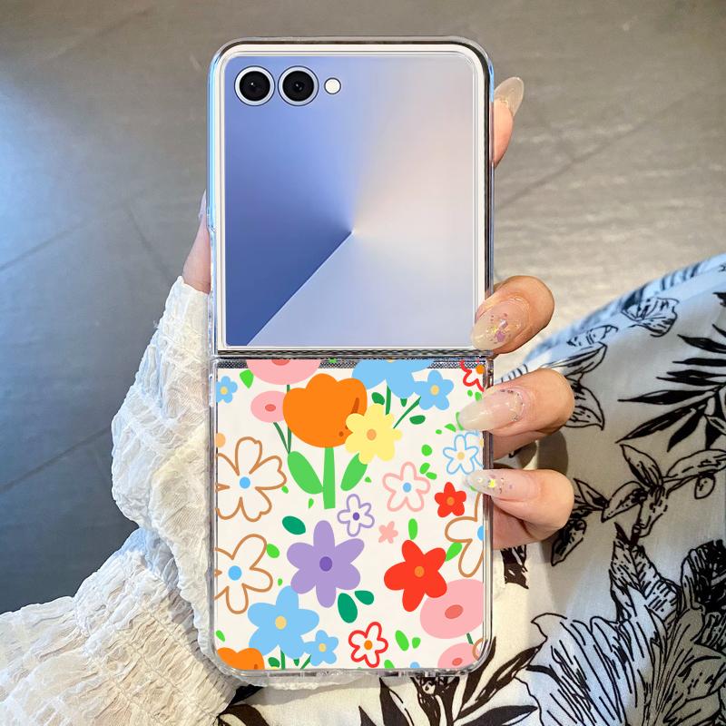 Cartoon Flower Printed Transparent Folding Phone Case For Samsung Galaxy Z Flip 7 FE 6 5 4 3 Flip7 Flip6 Flip5 5G Hard PC Cover