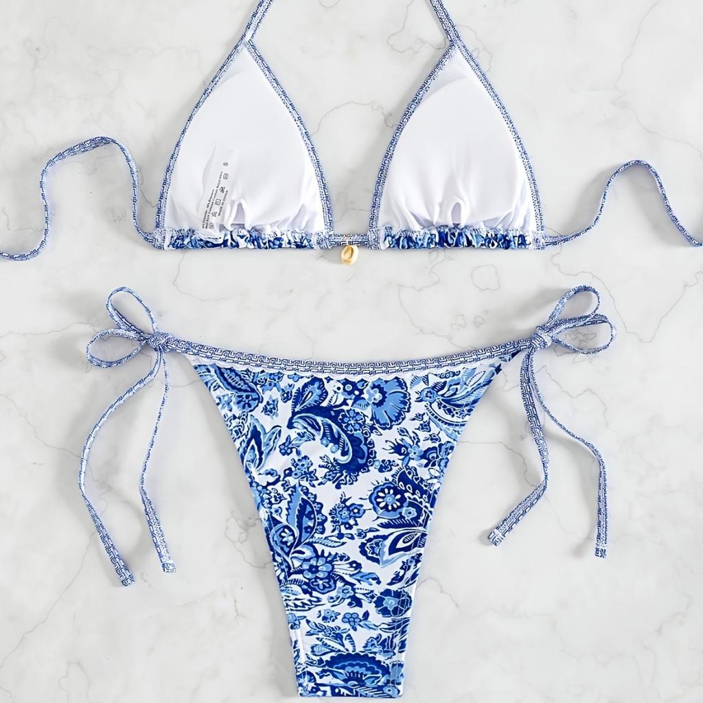 European And American Printed Fabrics Split Bikini Set Lace-Up Swimsuit Women'S Direct Sales