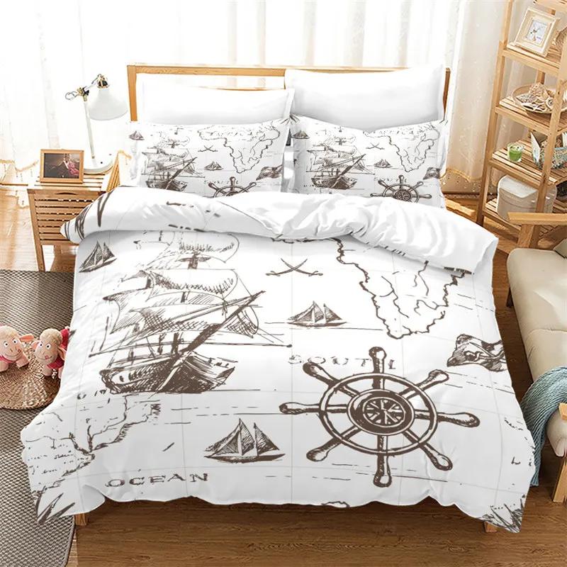 3Pcs Single-Sided Printed Bedding Set ,Comforter Pirate Sailboat Duvet Cover Ocean Bedding Cover Pillows Comfortable Bedspreads