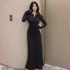 Women's Retro V-Neck Knitted Long-Sleeve Dress for Spring & Autumn - French Design with Waist-Enhancing Fit