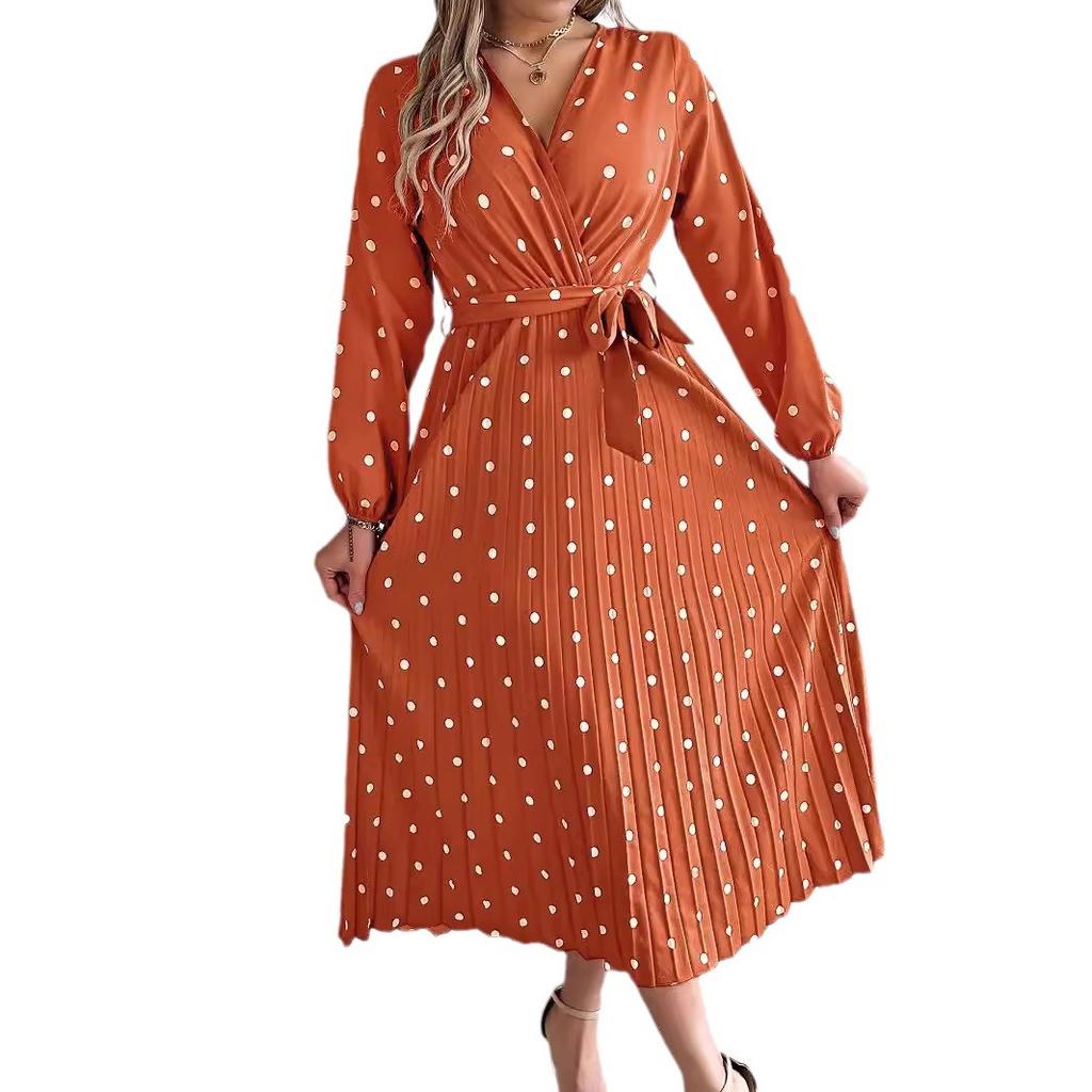 GMXIA Autumn and Winter Elegant Contrasting Polka Dot Cross V-neck Pleated Long Dress Women's Wear