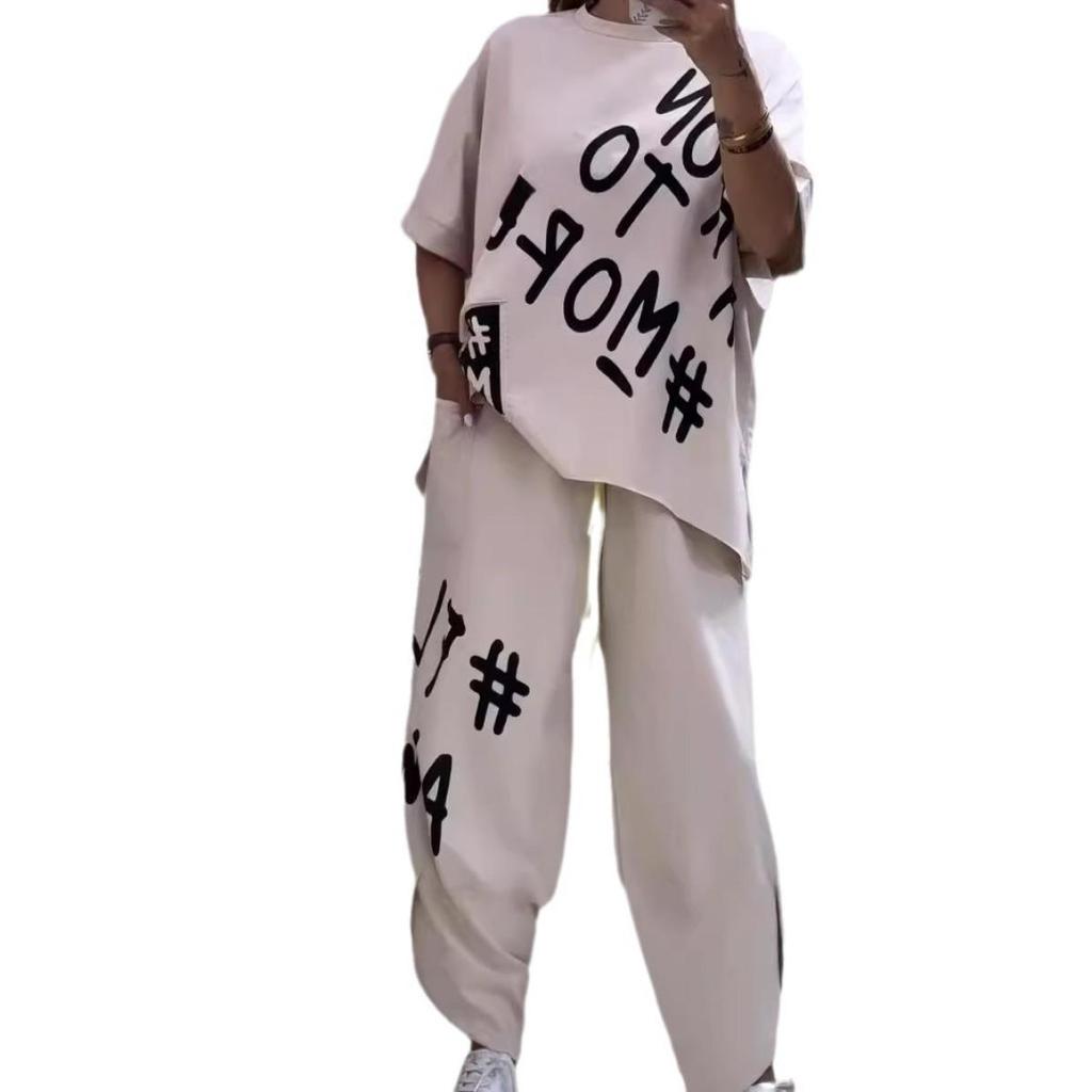 Women's Two-piece Casual Sports Short-sleeved Round Neck Letter Printed T-shirt + Trousers