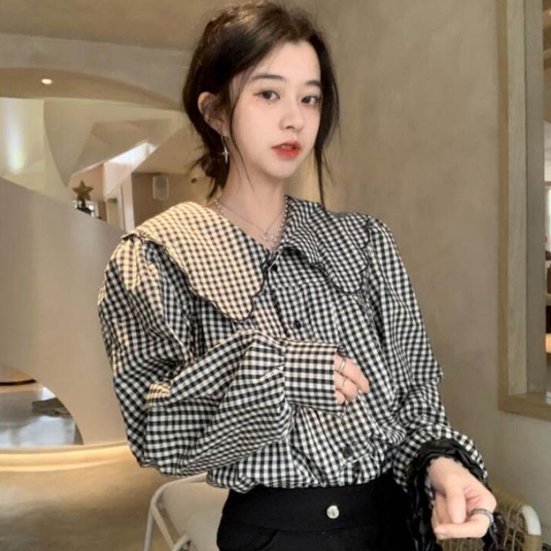 [Shop  ] Women S looSe Fit Delicate Fit Big Collar Check blouSe Won Wbl Wed3db4