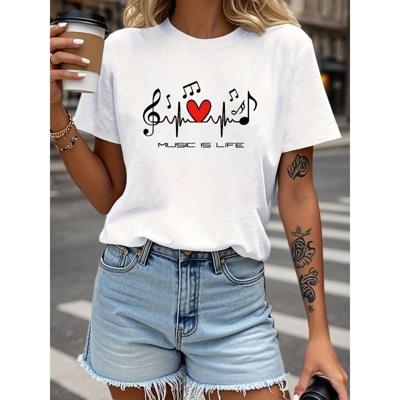 Plus Size - Plus Size - Plus Size, Plus-Size T-Shirt, MUSIC IS LIFE Line Art Heart with Music Notes S белый