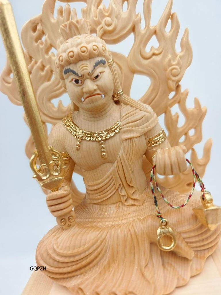 Buddhist Wood Total Height Carving Made from Cypress Warding Off Bringing Good Luck Statue, Carving, Acala, 34.5 Cm, High-quality Wood, Evil, (wooden