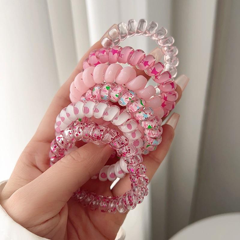 6pcs Set Telephone Cord Scrunchies Spiral Hair Ties Star Spot Glitter Printing Elastic Hair Band Girls Women Hair Accessories