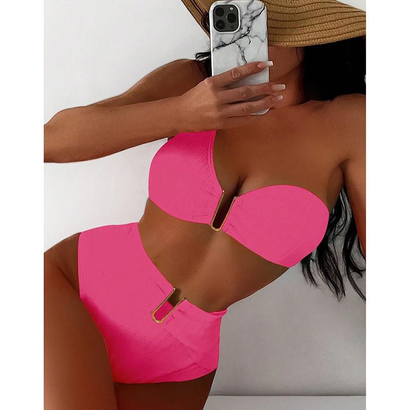 European-American Style 2025 One-Shoulder Solid Color Bikini Swimsuit for Women