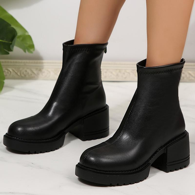 Fashion Fashion Thick Heels Ankle Boots Women 2025 Back Zipper Plus Size 35-42 Pu Leather Boots Woman Round Toe Platform Booties Mujer