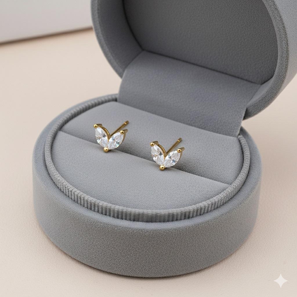 Minimal Double Leaf Stud Earrings - 925 Sterling Silver Yellow Plated