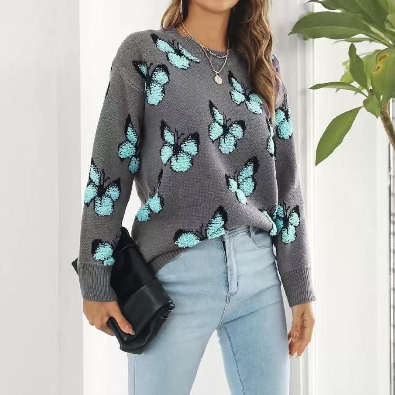 

Джемпер с объемной бабочкой, женский, свободный, осенне-зимний, с длинными рукавами, трикотажный джемпер XL синий/серый