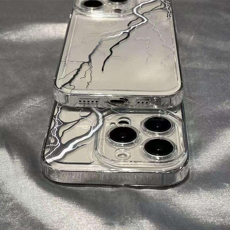 Minimalistický čiernobiely priehľadný kryt na telefón s motívom blesku pre iPhone 12/13/14Pro/15/16ProMax - Ochrana proti pádu