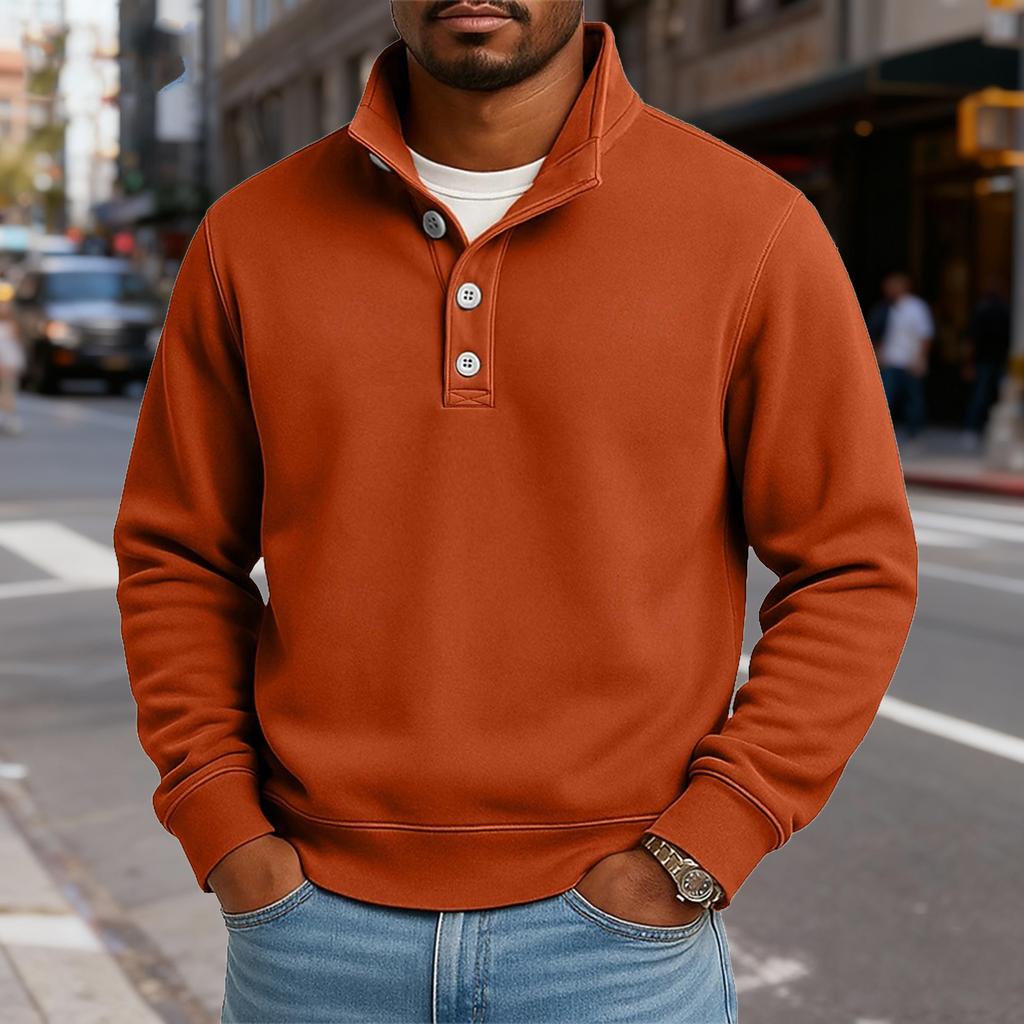 Men's Casual Stand-Up Collar Long-Sleeve Top Solid Color Button-Down Sweatshirt