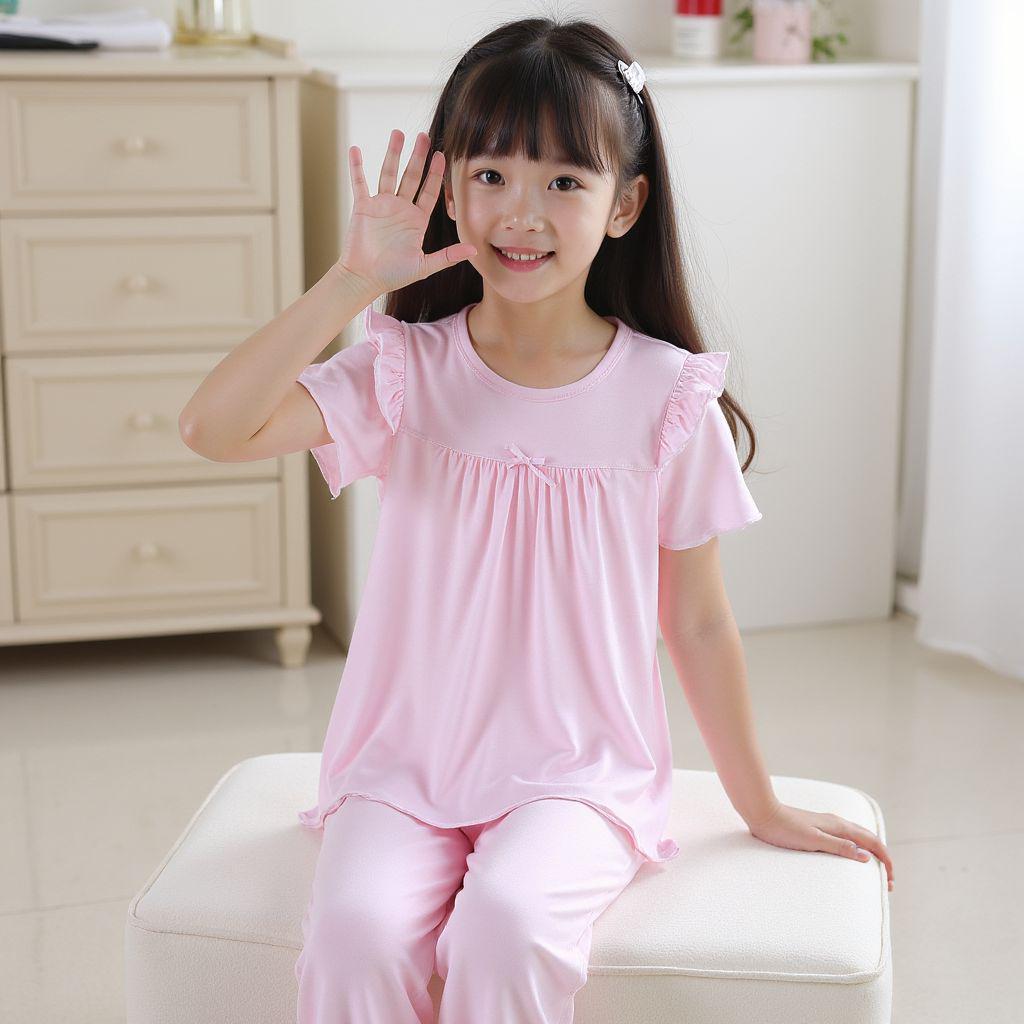Girls' Lace Princess Pajama Set - Short-Sleeve Homewear, Modal Fabric, Thin Style for Spring/Summer, Air Conditioning Suit.