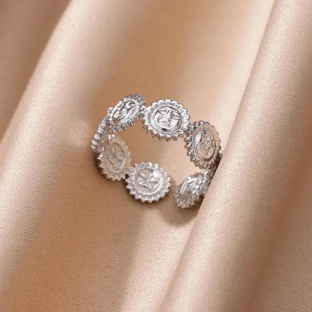 Vintage Sun Rings For Women Gold Stainless Steel Sun Ring Wedding Couple Aesthetic Fashion Wedding Christmas Jewelry Gift
