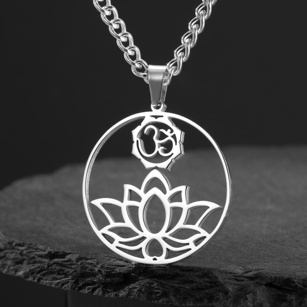 Dawapara Lotus Flower Mandala OM AUM Symbol Necklace Buddhist Chakra Yoga Jewelry Spiritual Amulet Stainless Steel