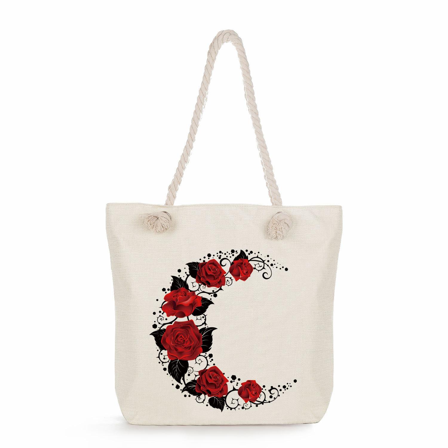 White background with roses print thick rope single-shoulder beach bag 7254 CLE