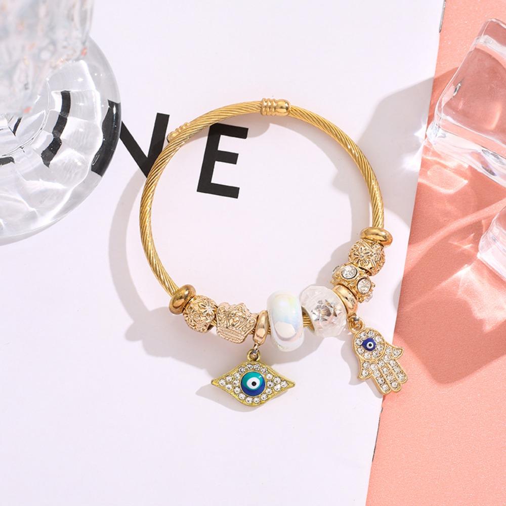

DIY Gold Stainless Steel Bracelet with Diamond Evil Eye Key Pendant Crystal Beaded Chain for Women Jewelry