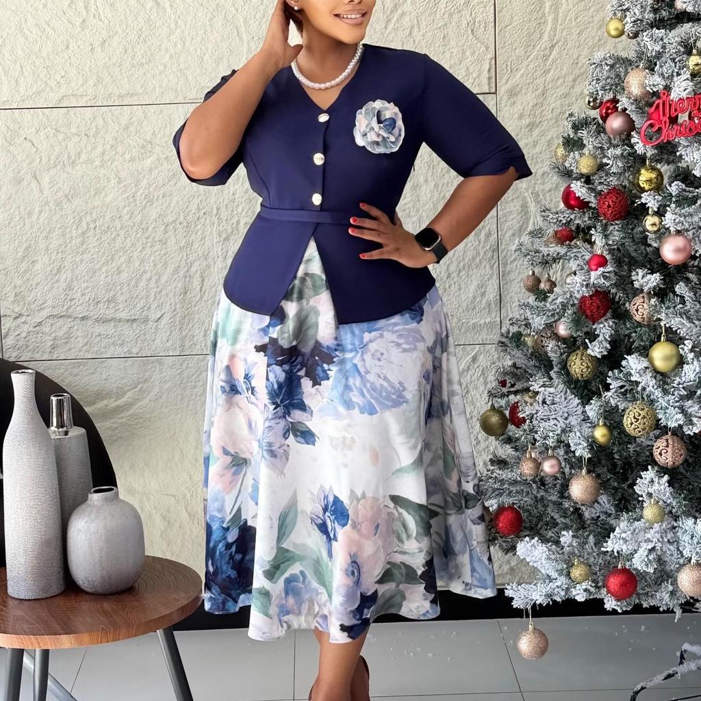 D630 African Women's Clothing European and American Cross-border Summer Fashion Temperament Printed Splicing Five-quarter Sleeve Fake Two-piece