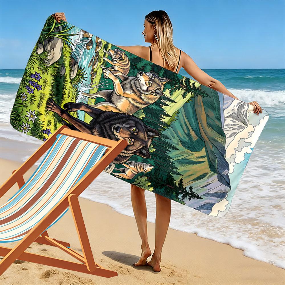 Wolves Roaming Serene Wilderness Print Beach Towel, Quick Drying, Suitable for Travel, Outdoor Sports, Jogging, the Beach and Swimming, Gift