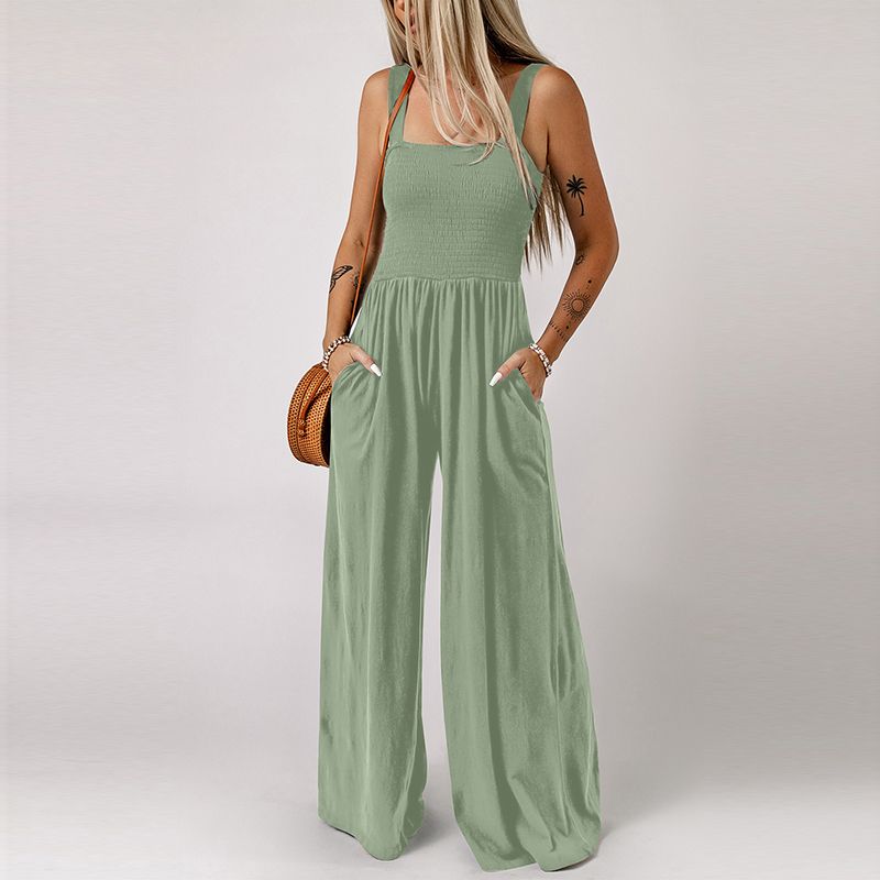 2024 Summer New Arrival Black Square Collar Smocking Jumpsuit Women European and American Leisure Slim Looking Suspenders Loose Pants Women