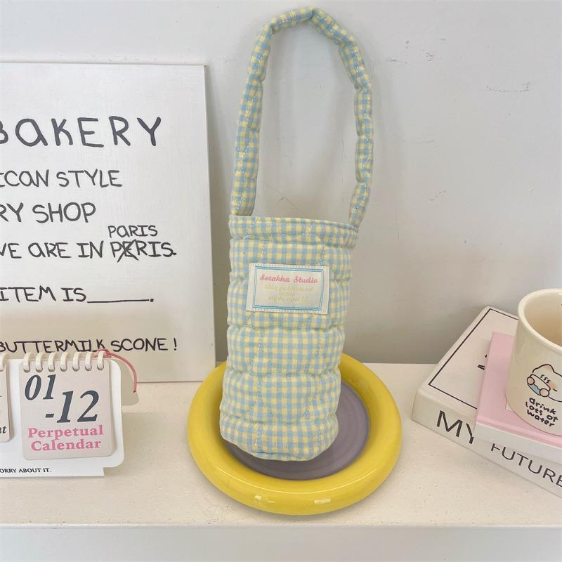 57141 cup cover portable small bag fabric padded plaid water cup bag anti-scalding soft portable water cup milk tea bag