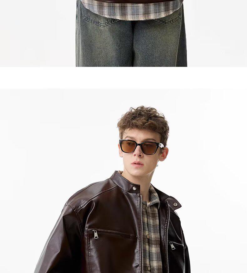 Men's Retro High-End Leather Motorcycle Jacket with Stand Collar - Loose Fit, Plus Size, Fashionable Casual Outerwear.