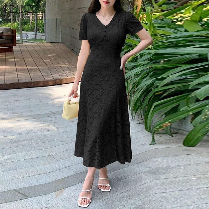 ZANZEA Damen Lässig V-Ausschnitt Kurzarm Elegantes Patchwork Spitzenkleid