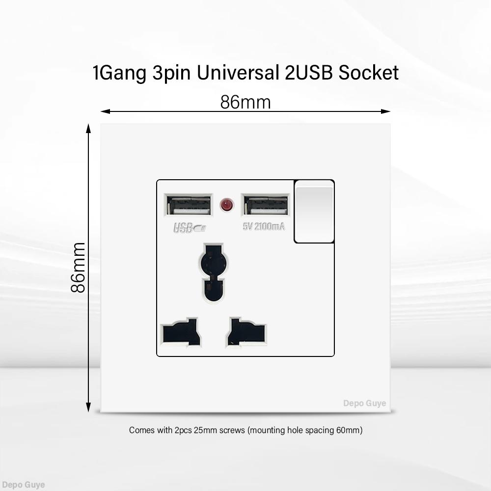 UK 13A Wall Socket with USB Type C 18W Quick Charge Power Outlet,Universal Electrical  Wall Light Switch Dual 3-pin Socket 220V