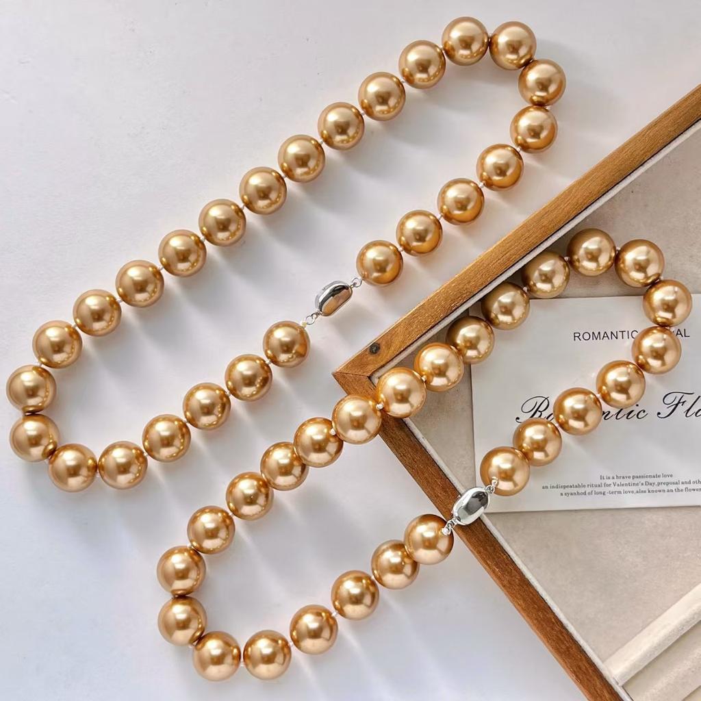 16Mm Vintage Large Granular Maillard Brown Faux Crystal Pearl Necklace Collarbone Sweater Chain