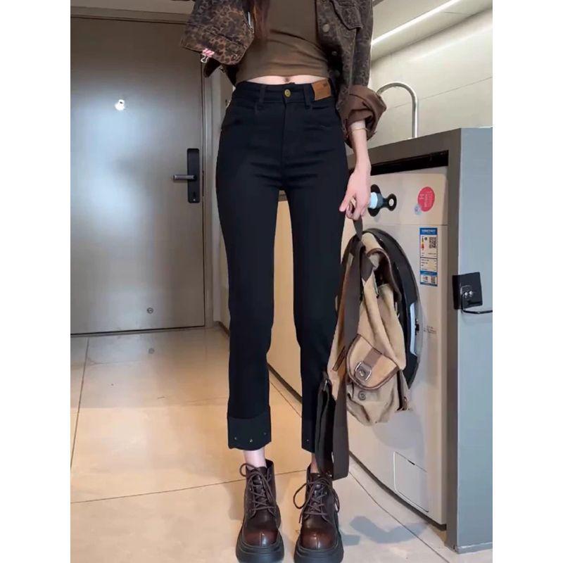 Plus Size Women's High Waist Black Stretch Jeans - Slimming Cigarette Pants for Spring/Autumn 2025.